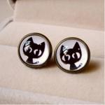 Small black cat cartoon time earrings