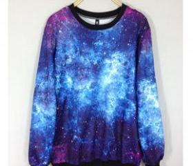 Chic Women's Galaxy Space Starry Print long Sleeve Top Round T Shirt Jumper Top