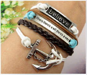 The retro English horizontal believe anchor hand-woven leather cord bracelet